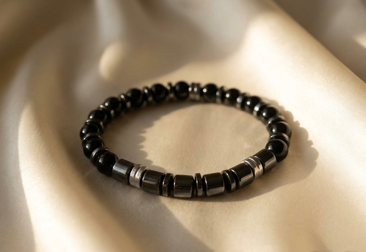 Men’s Black Onyx & Hematite Bracelet – 19 cm – Natural Stone Bracelet – Any Size Available