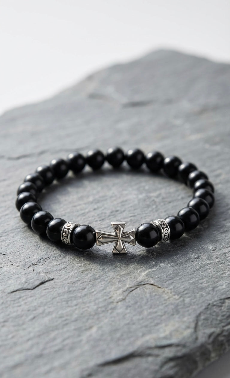 Black Onyx Cross Bracelet – Any Size – Matte Beads – Men Women Gift