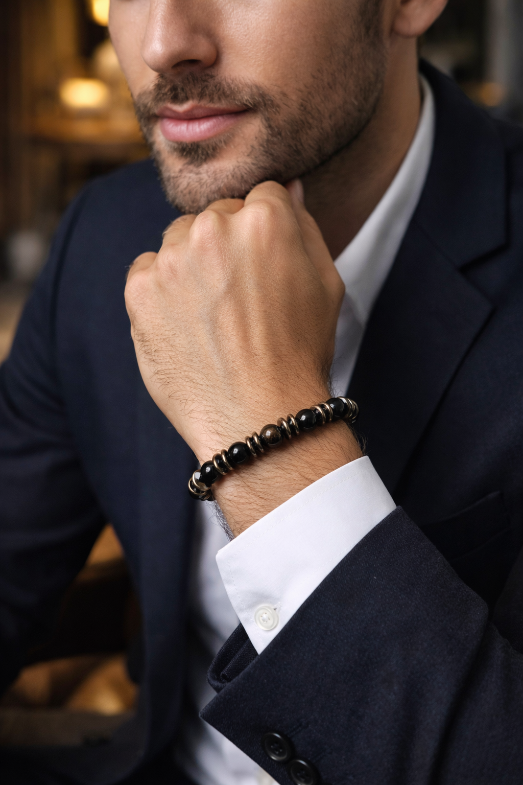 Black Onyx & Hematite Bracelet – 19 cm | Minimal Men’s Beaded Bracelet