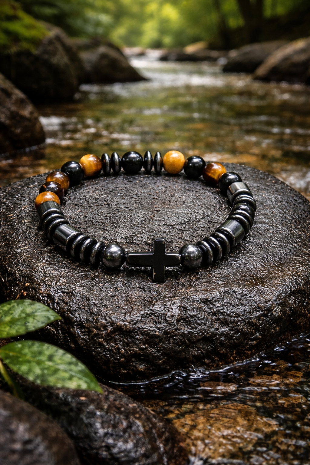 Men’s Stone Bracelet – Cross Design – 19 cm – Unisex