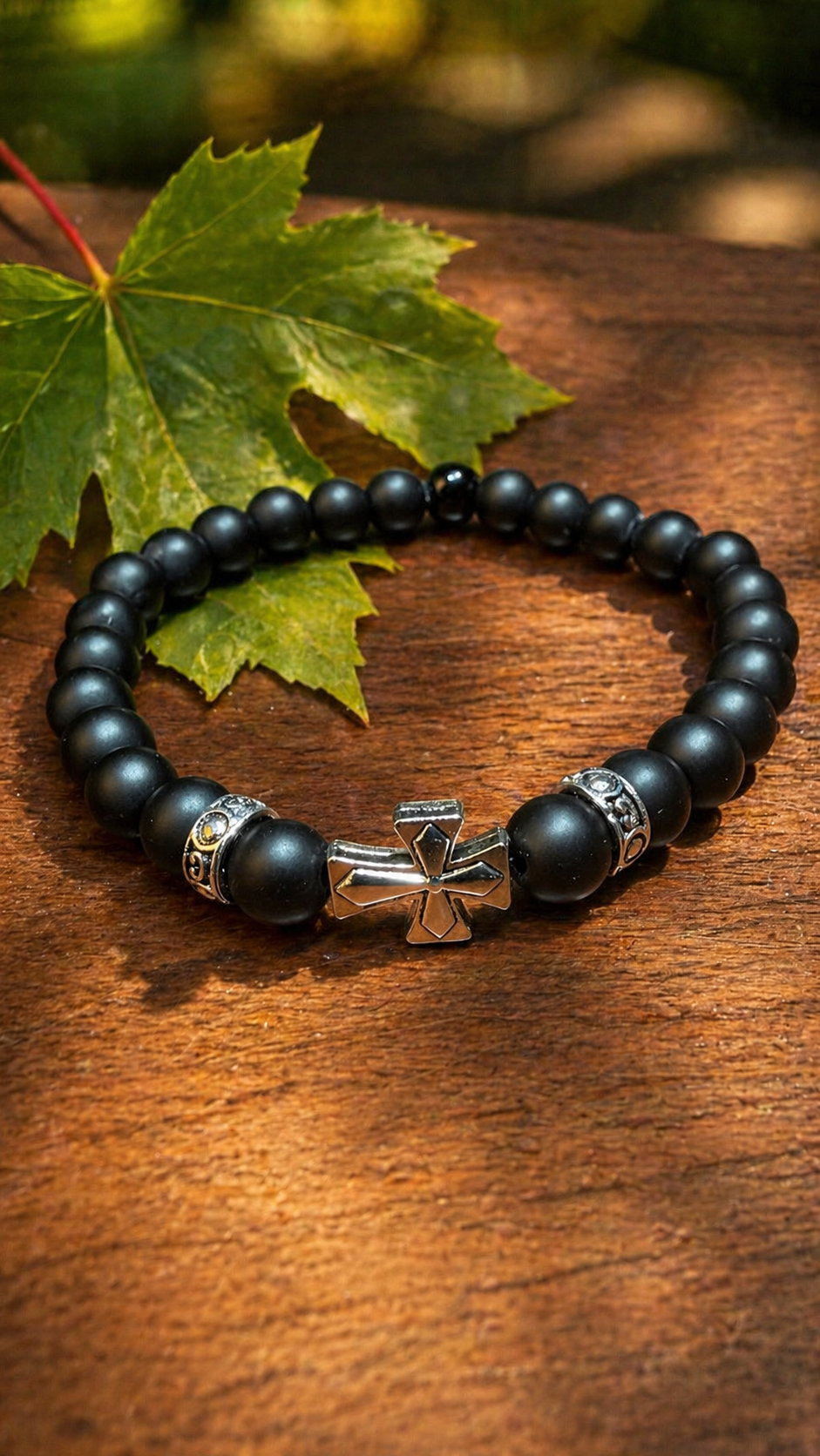 Black Onyx Cross Bracelet – Any Size – Matte Beads – Men Women Gift