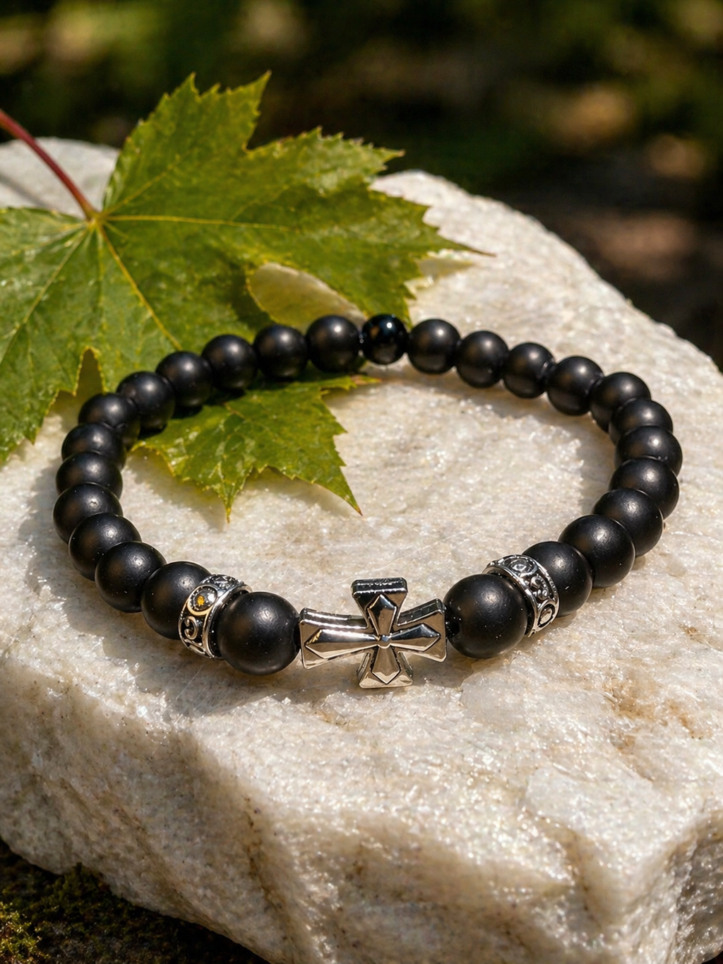 Black Onyx Cross Bracelet – Any Size – Matte Beads – Men Women Gift