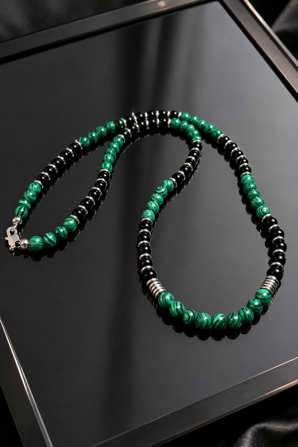 Green Malachite & Black Onyx Beaded Necklace 62 cm • 6 mm Beads • Silver Clasp • Any Size