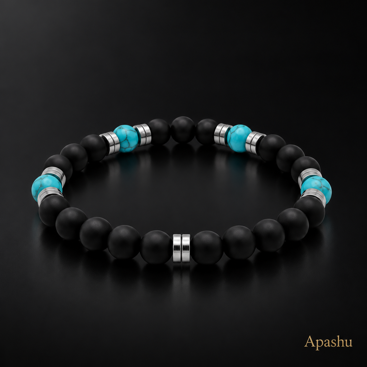 Black Onyx & Turquoise Men’s Bracelet 19cm – Natural Stone Beaded Bracelet – Any Size Available ✨