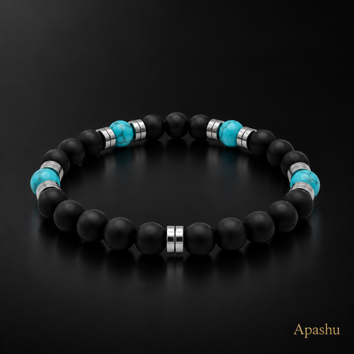 Black Onyx & Turquoise Men’s Bracelet 19cm – Natural Stone Beaded Bracelet – Any Size Available ✨