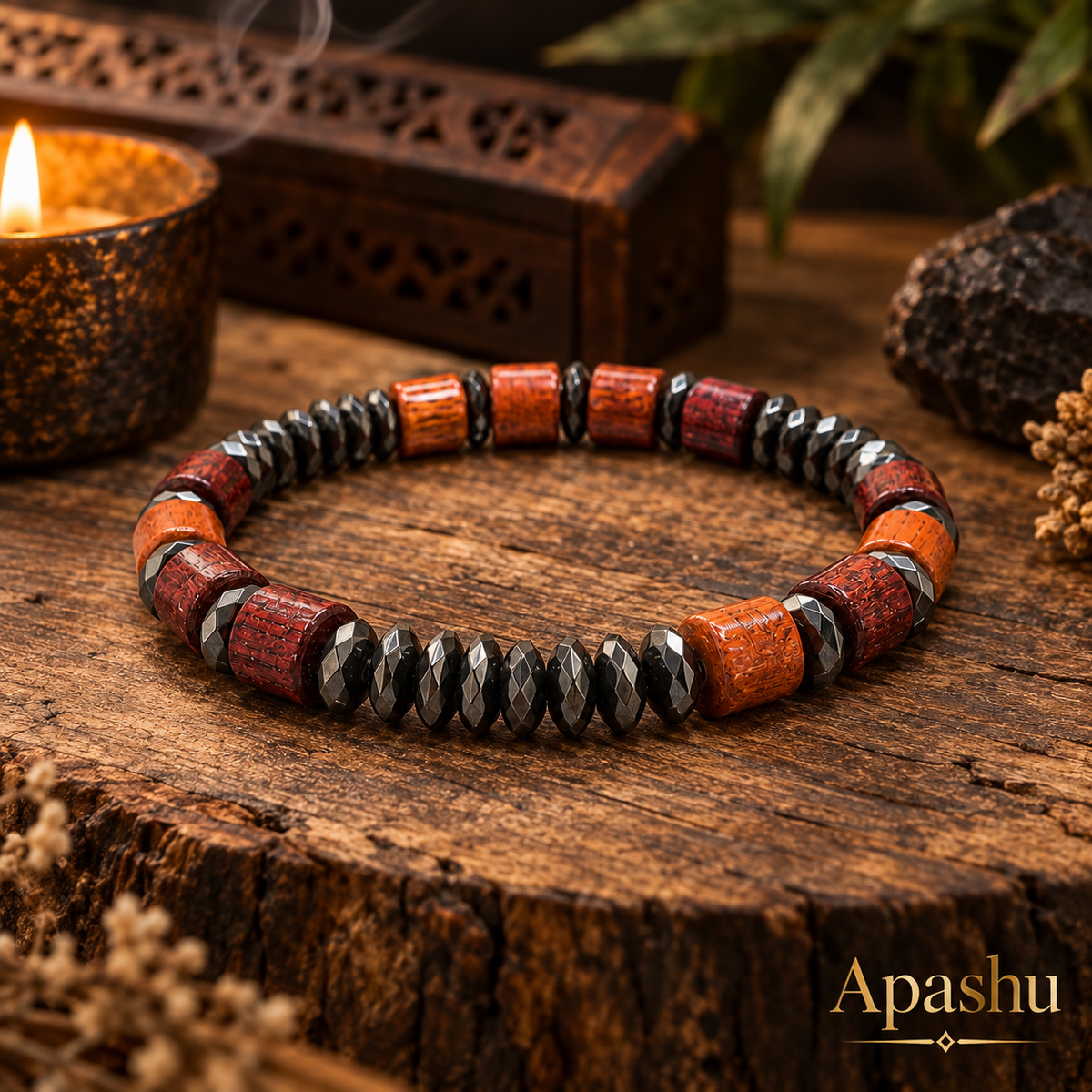 Handmade Wooden & Hematite Bracelet | 8 mm Beads | 19 cm Stretch Bracelet | Custom Size Available | Men’s & Women’s Bracelet