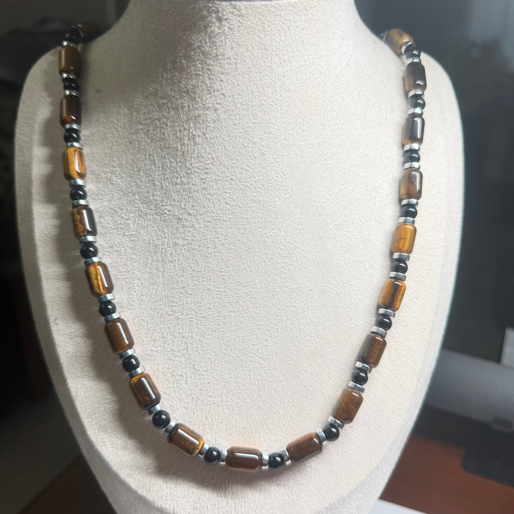 Men's Natural Tiger Eye, Black Onyx & Hematite Necklace – Handmade Luxury Gemstone Jewellery