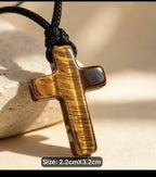 Natural Tiger Eye Cross Necklace for Men – 70cm Black Braided Cord, Christian Stone Pendant