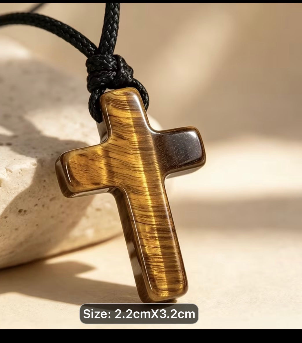 Natural Tiger Eye Cross Necklace for Men – 70cm Black Braided Cord, Christian Stone Pendant