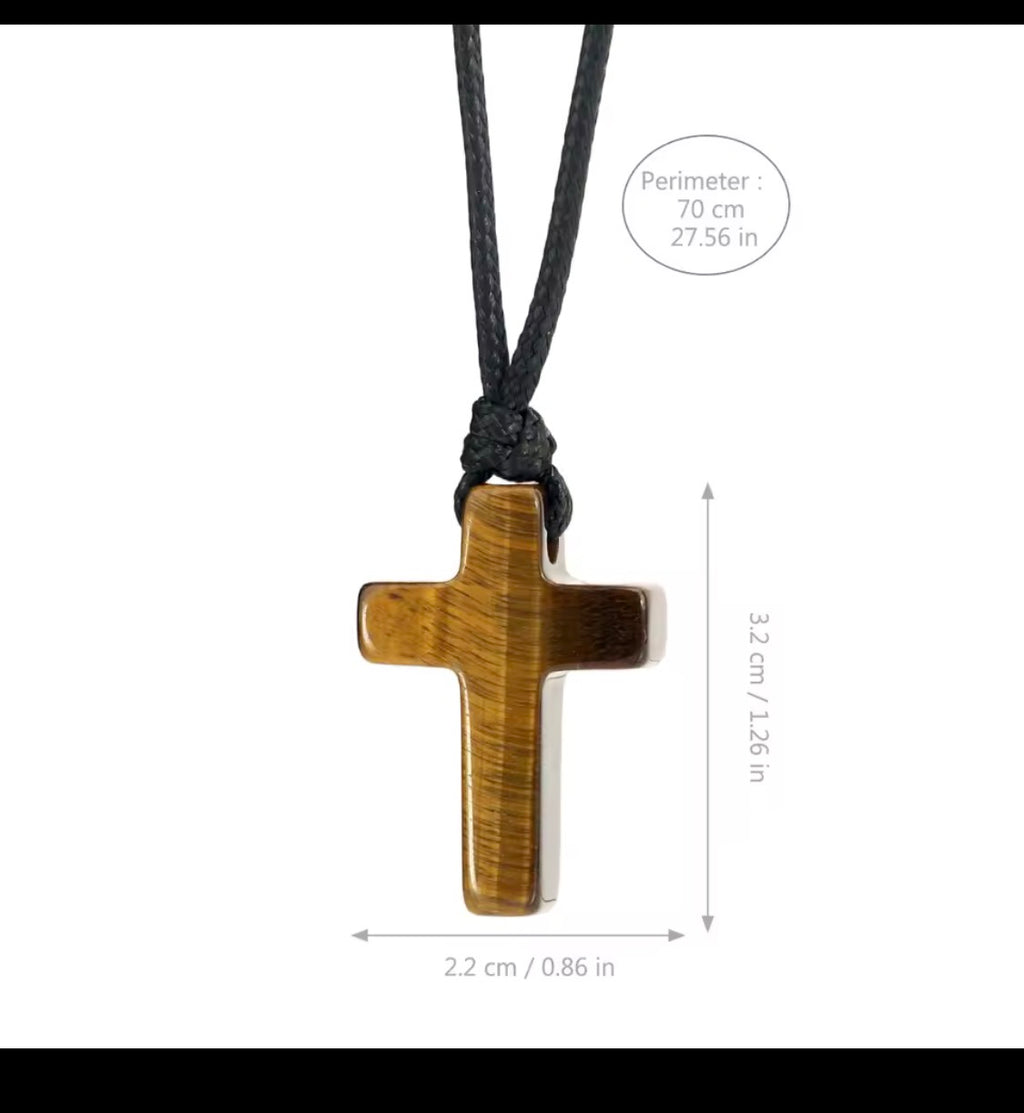 Natural Tiger Eye Cross Necklace for Men – 70cm Black Braided Cord, Christian Stone Pendant