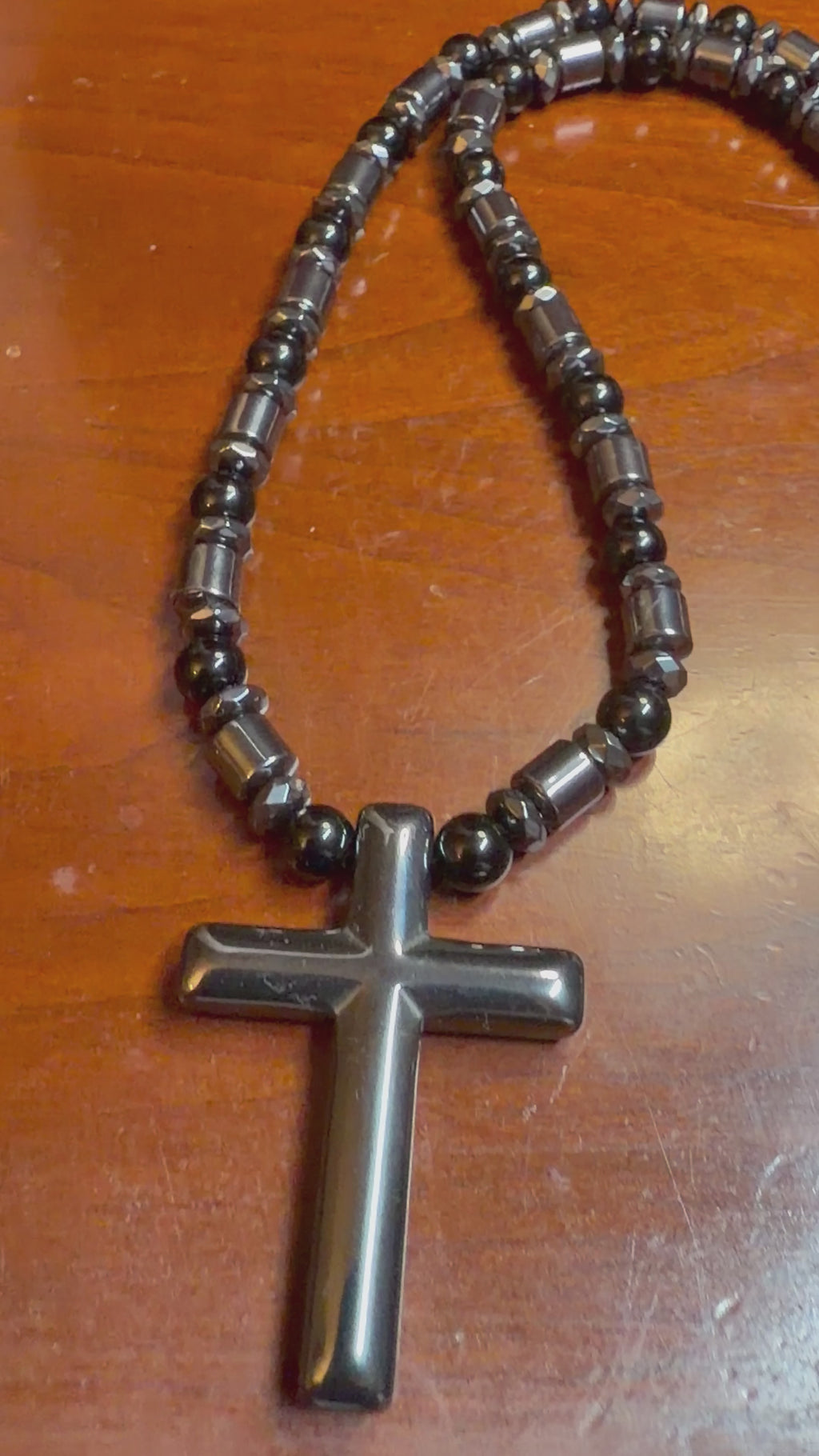 Black Onyx & Hematite Cross Necklace – 21 Inch Handmade Men’s Necklace – 6mm Natural Gemstone Beads – Christian Cross Pendant – Custom Sizes Available