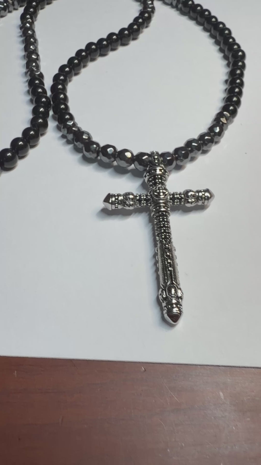 Men’s Black Onyx & Hematite Cross Necklace – 6mm Beads – Stainless Steel Cross – Custom Length