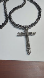 Men’s Black Onyx & Hematite Cross Necklace – 6mm Beads – Stainless Steel Cross – Custom Length
