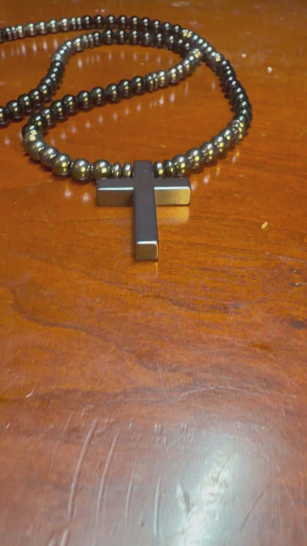 26 Inch Black Cross Necklace for Men – Long Slip On Beaded Necklace – Hematite & Black Stone Minimalist Jewelry