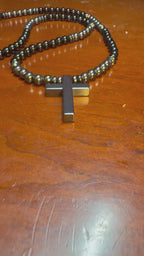 26 Inch Black Cross Necklace for Men – Long Slip On Beaded Necklace – Hematite & Black Stone Minimalist Jewelry