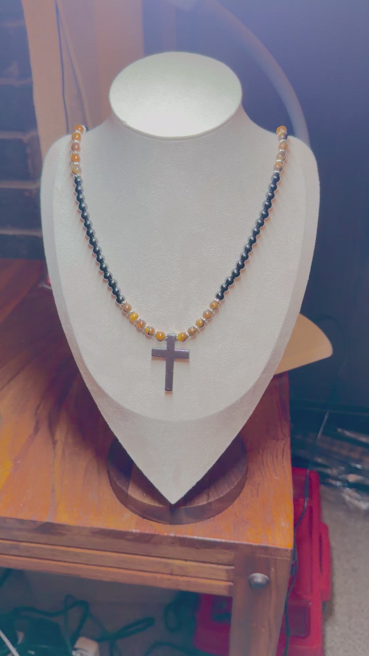 Black Onyx & Tiger Eye Cross Necklace for Men | Slip On Beaded Necklace | Natural Stone Christian Necklace | Masculine Jewelry